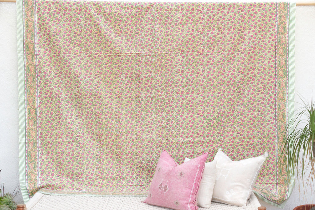 Delicate Blossom, Hand Blockprint Cotton Coverlet
