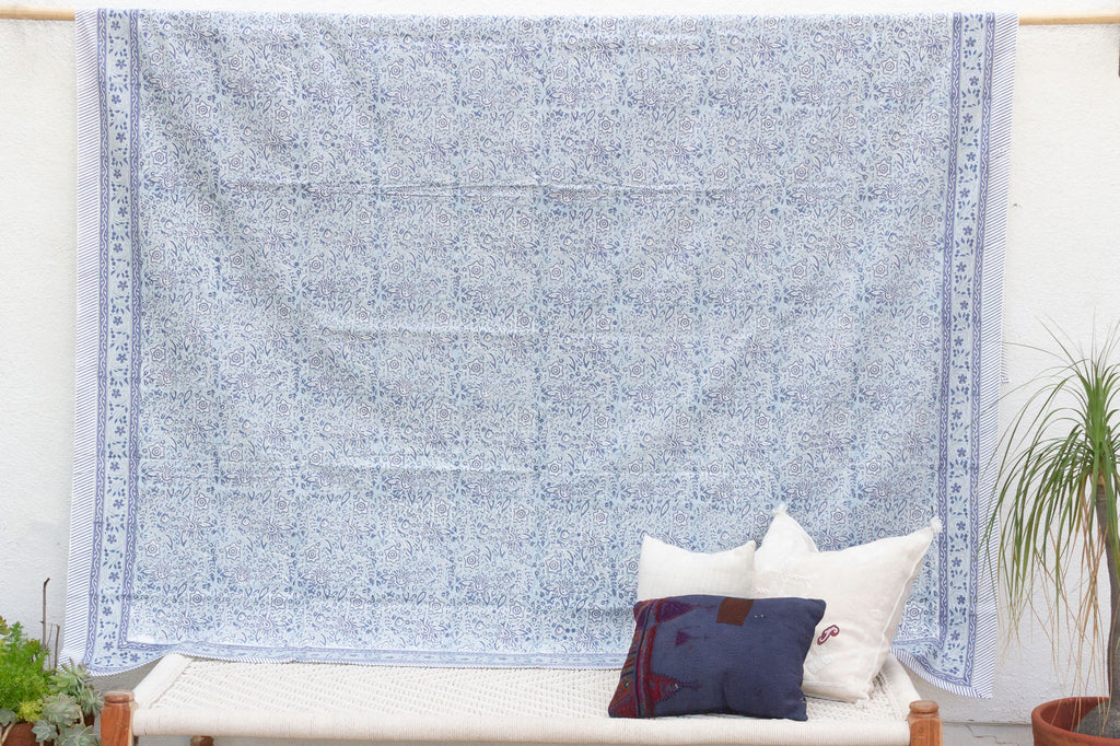 Blue & White Floral, Hand Blockprint Cotton Coverlet