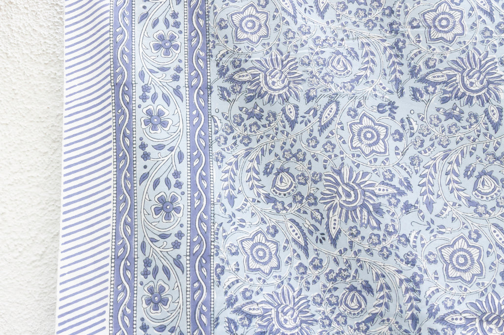 Blue & White Floral, Hand Blockprint Cotton Coverlet