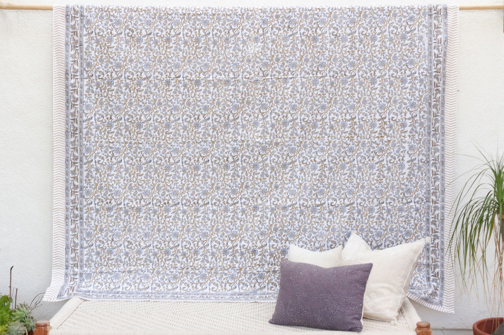 Azure Vine, Hand Blockprint Cotton Coverlet