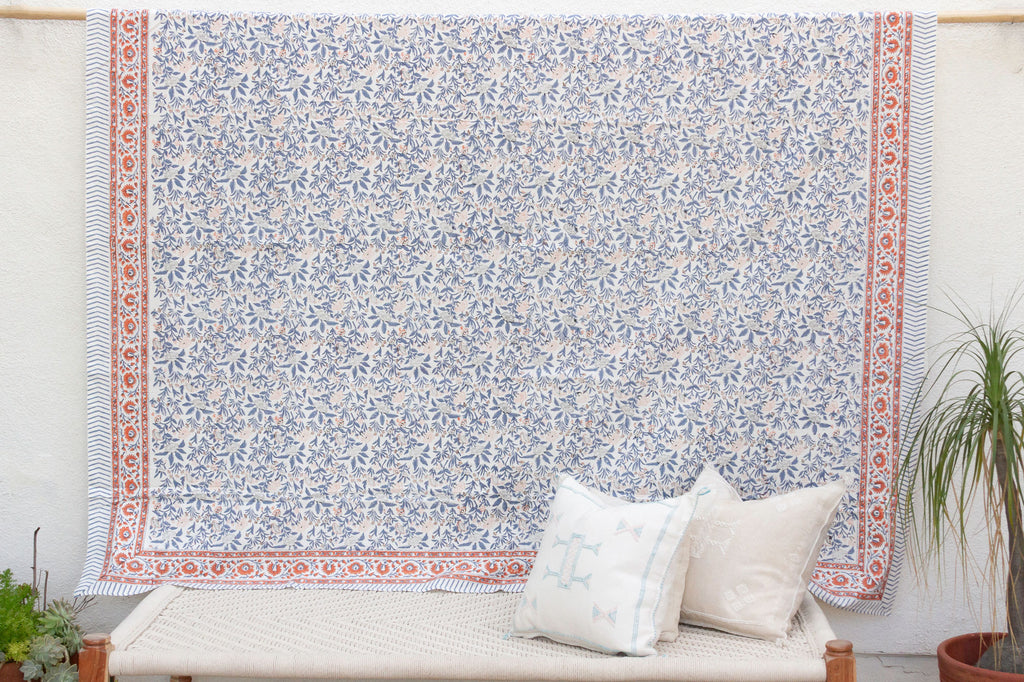 Blue & Orange Spice, Hand Blockprint Cotton Coverlet
