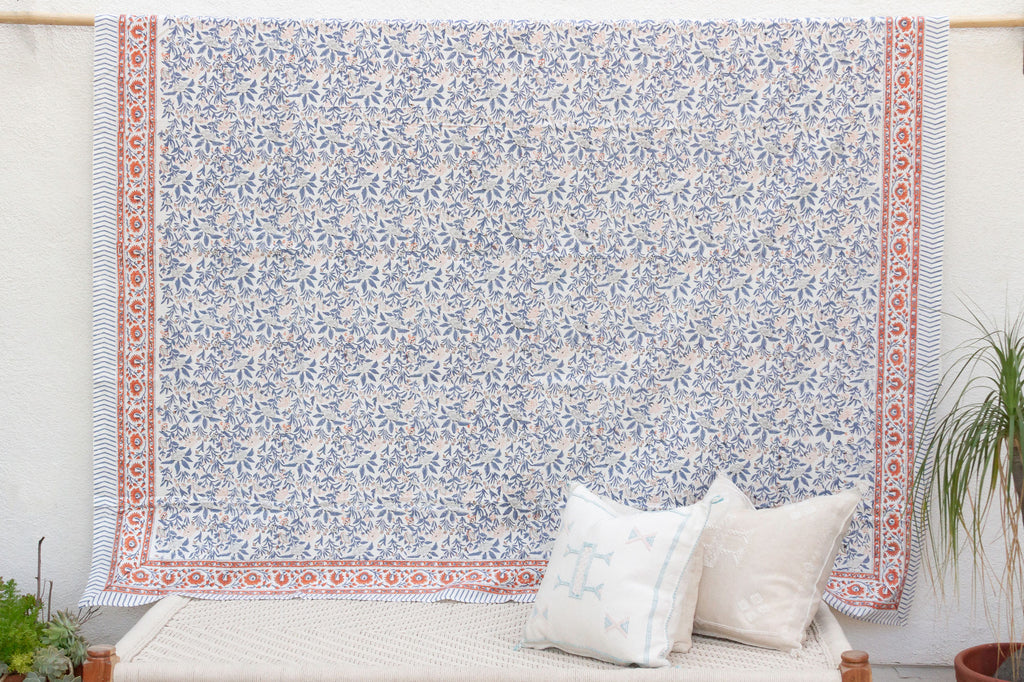 Blue & Orange Spice, Hand Blockprint Cotton Coverlet