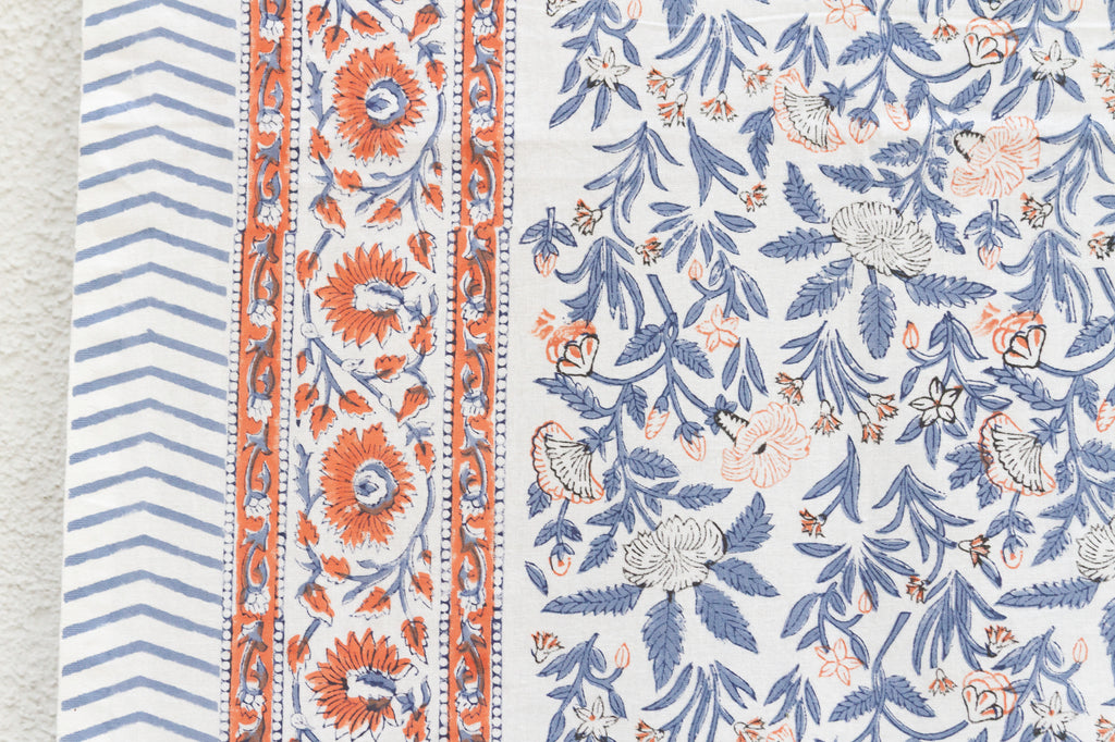 Blue & Orange Spice, Hand Blockprint Cotton Coverlet