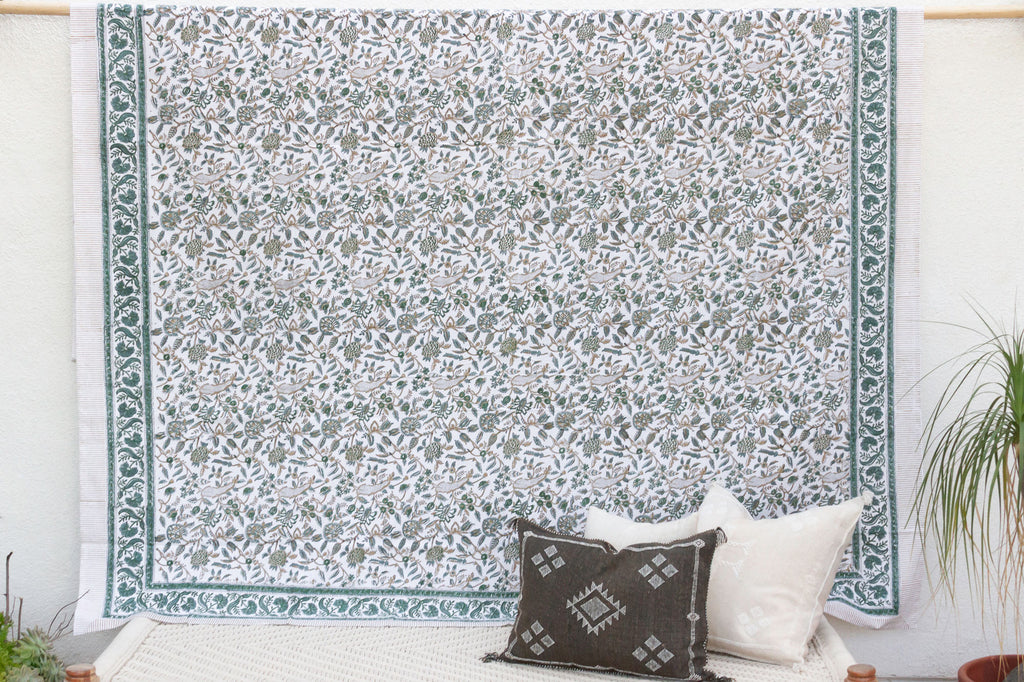Emerald Serenity, Hand Blockprint Cotton Coverlet