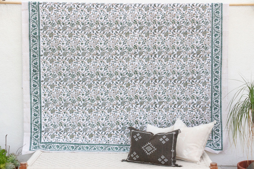 Emerald Serenity, Hand Blockprint Cotton Coverlet