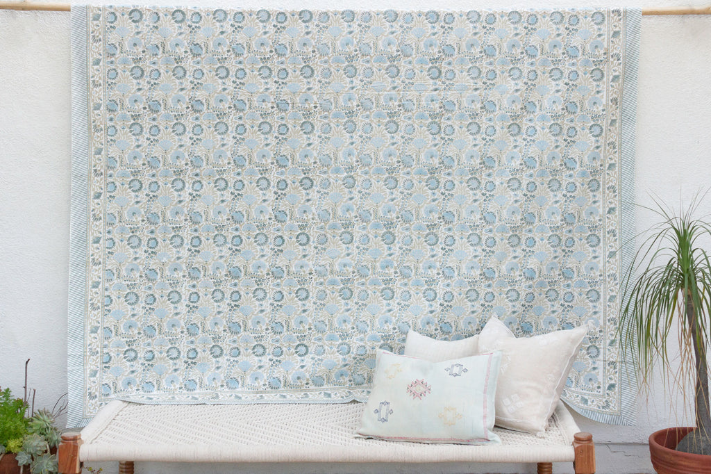 Coastal Breeze Bloom, Hand Blockprint Cotton Coverlet