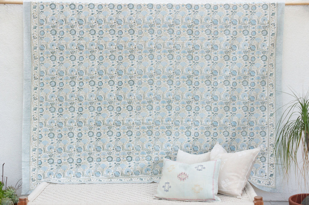 Coastal Breeze Bloom, Hand Blockprint Cotton Coverlet