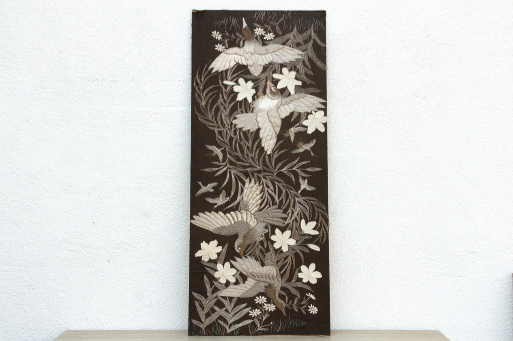 Mid-Century Embroidered Flying Birds Textile Art (Trade)