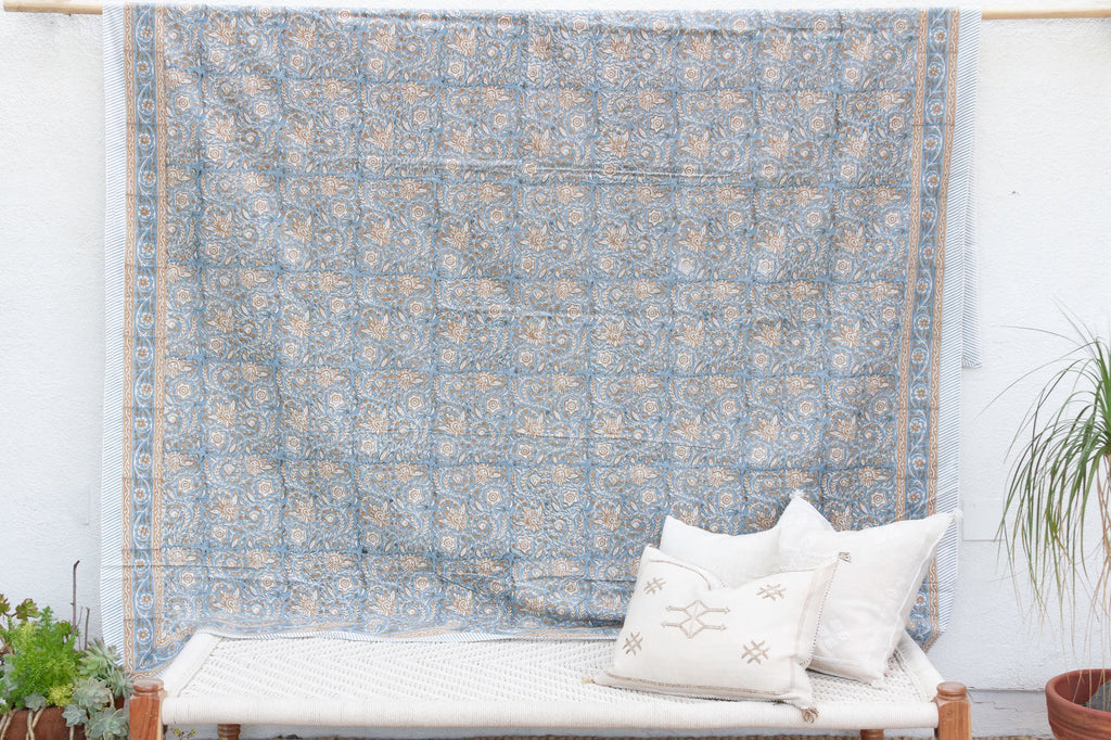 Blue & Sand Blossom, Hand Blockprint Cotton Coverlet