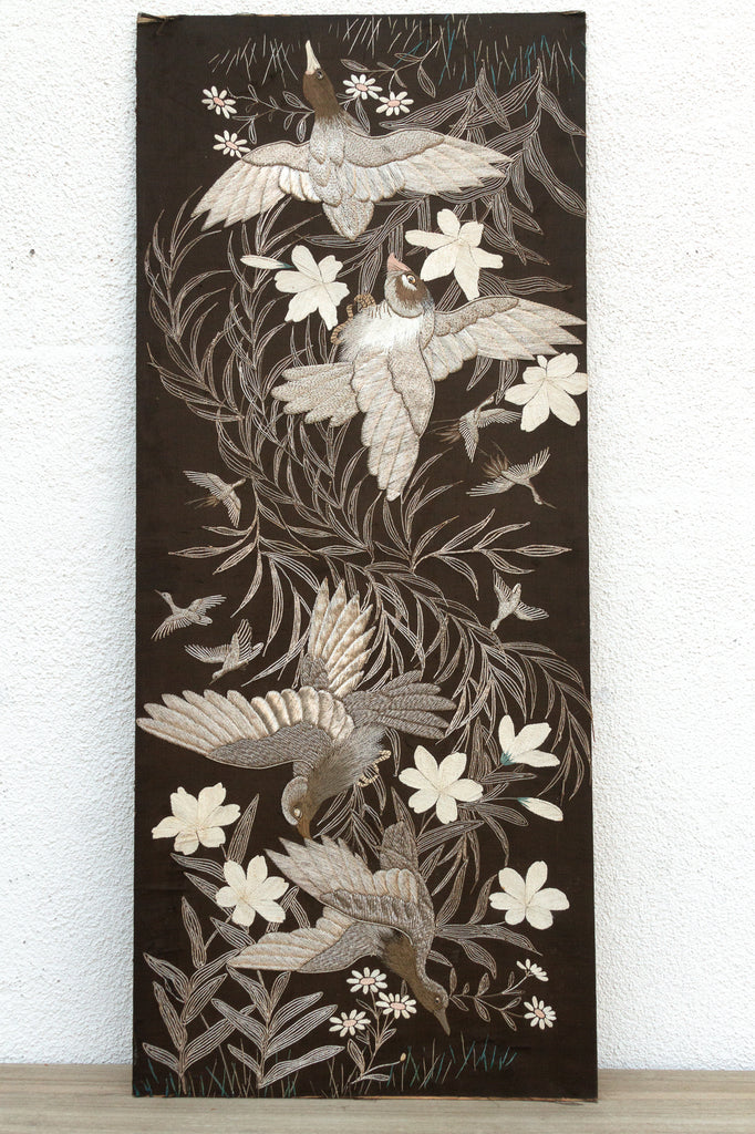 Mid-Century Embroidered Flying Birds Textile Art (Trade)