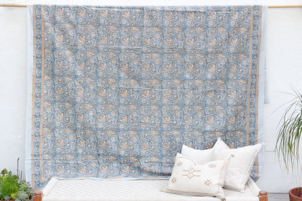 Blue & Sand Blossom, Hand Blockprint Cotton Coverlet