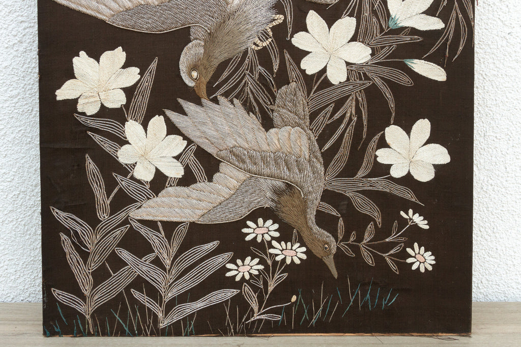 Mid-Century Embroidered Flying Birds Textile Art (Trade)