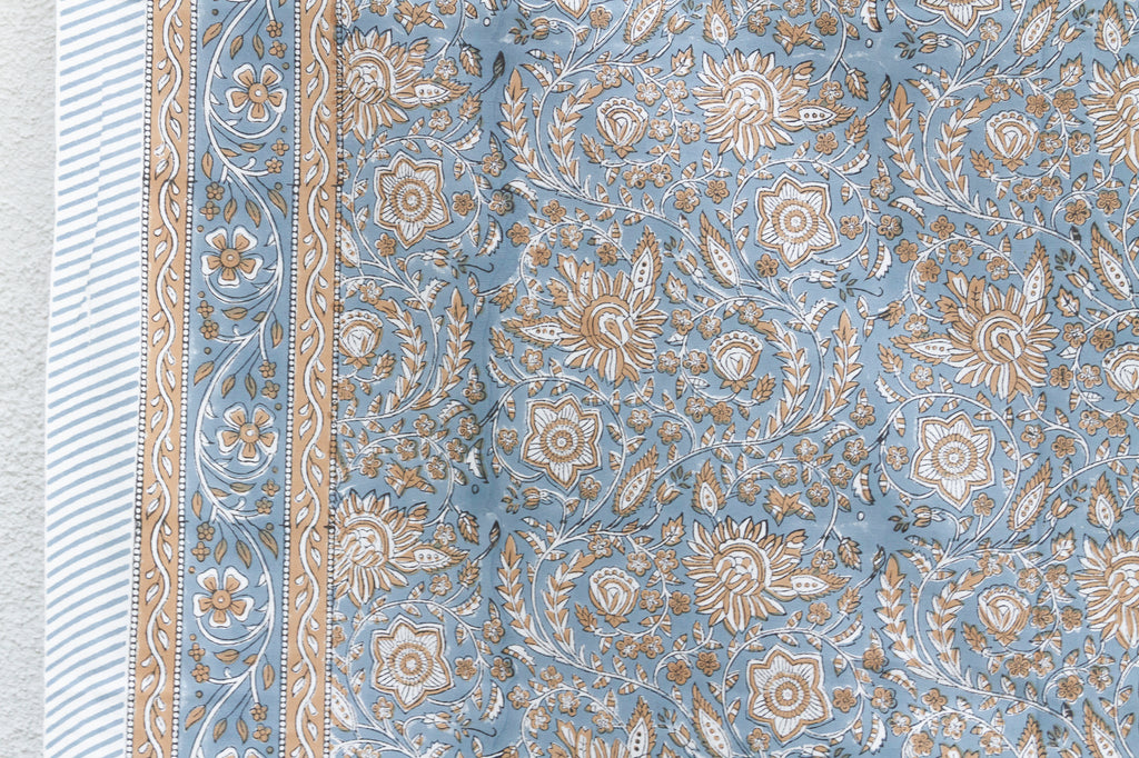 Blue & Sand Blossom, Hand Blockprint Cotton Coverlet