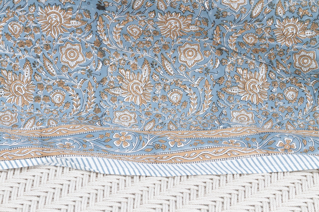 Blue & Sand Blossom, Hand Blockprint Cotton Coverlet