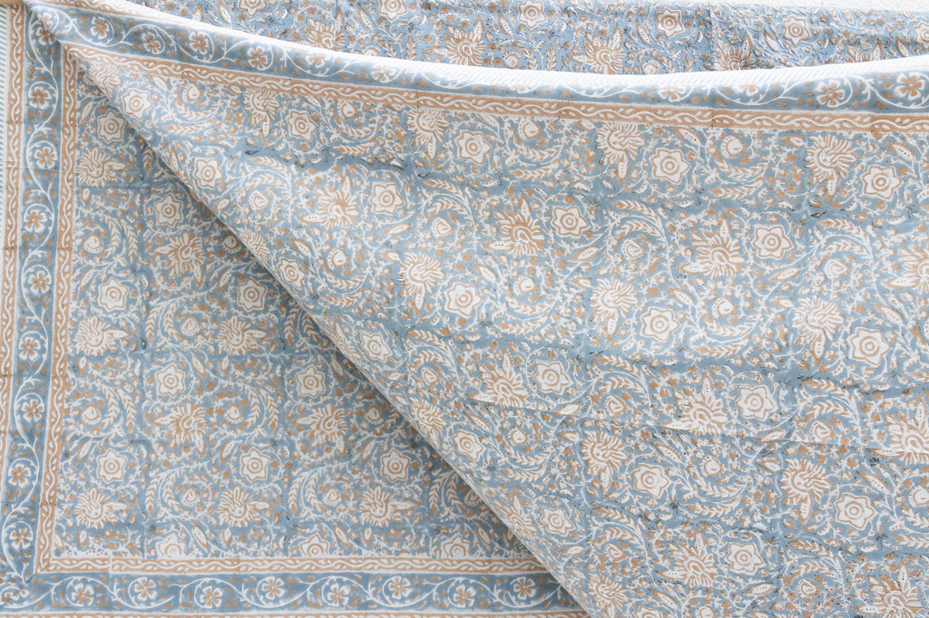 Blue & Sand Blossom, Hand Blockprint Cotton Coverlet