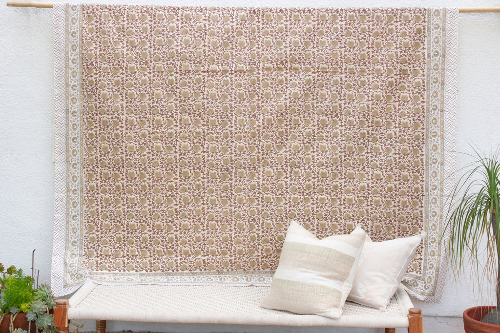 Spice Route Blossom, Hand Blockprint Cotton Coverlet