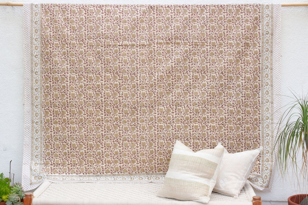 Spice Route Blossom, Hand Blockprint Cotton Coverlet