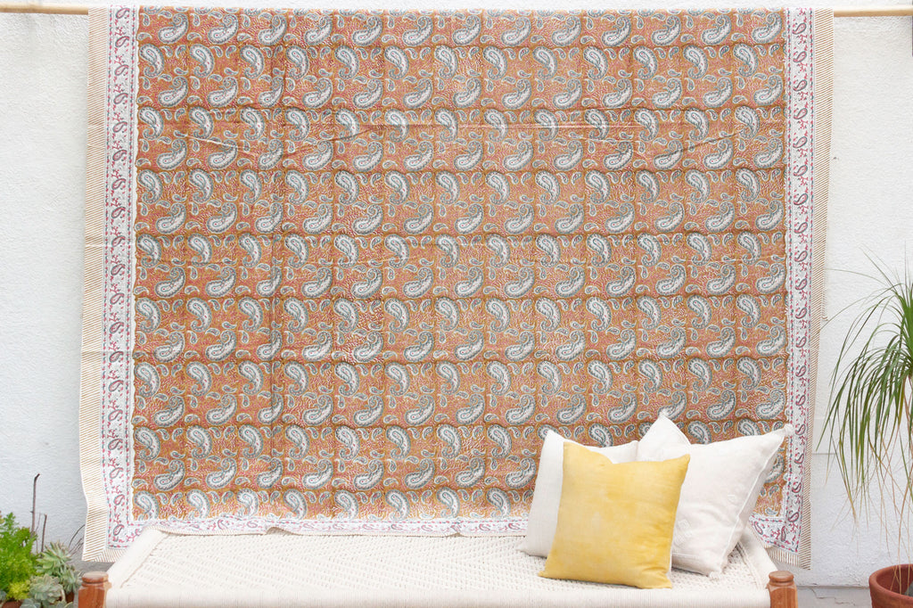 Teal Paisley, Hand Blockprint Cotton Coverlet