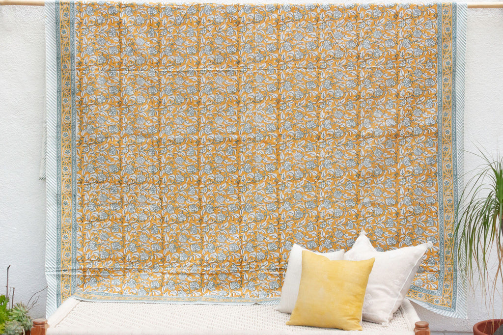 Bold Goldenrod, Hand Blockprint Cotton Coverlet
