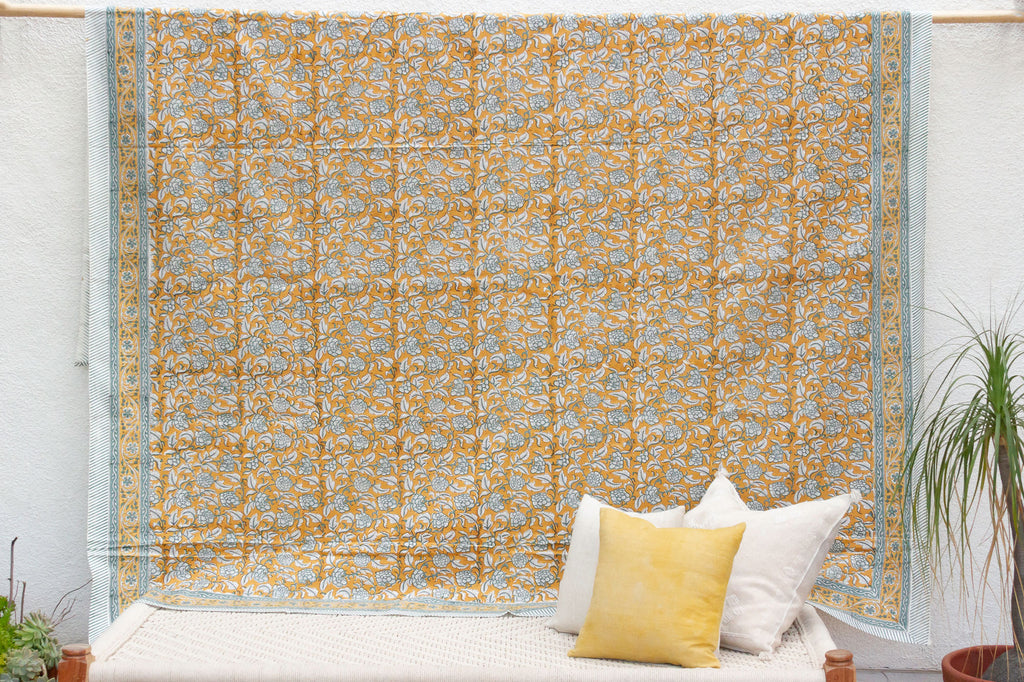 Bold Goldenrod, Hand Blockprint Cotton Coverlet