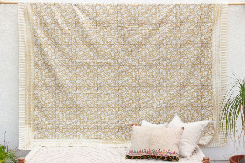 Sand & White, Hand Blockprint Cotton Coverlet