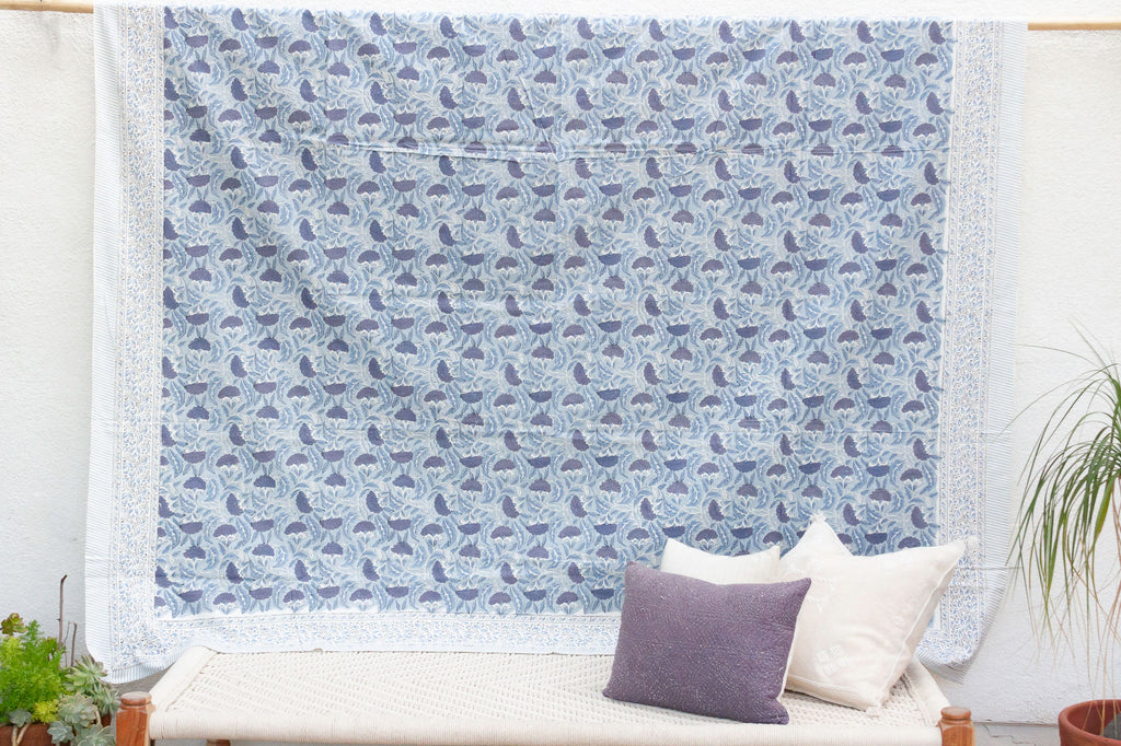 Blue Floral Dream, Hand Blockprint Cotton Coverlet