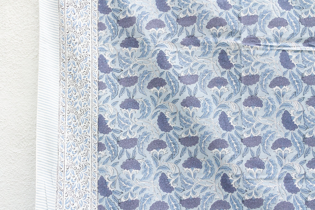 Blue Floral Dream, Hand Blockprint Cotton Coverlet