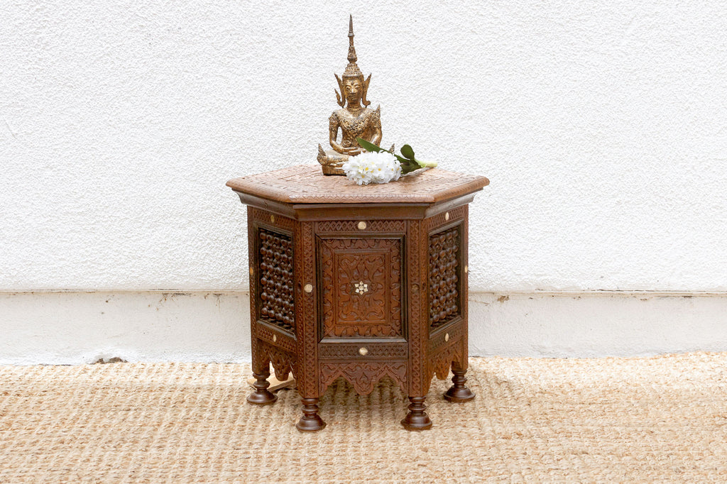 Antique Damascus Carved Octagonal Inlay End Table