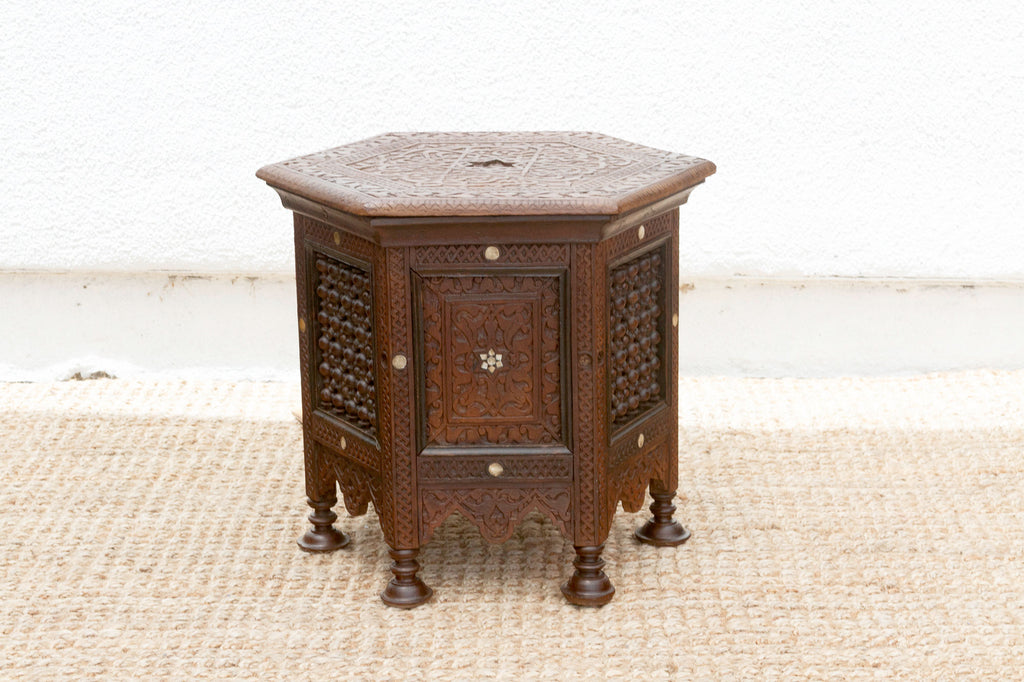 Antique Damascus Carved Octagonal Inlay End Table
