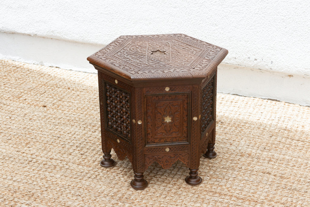 Antique Damascus Carved Octagonal Inlay End Table