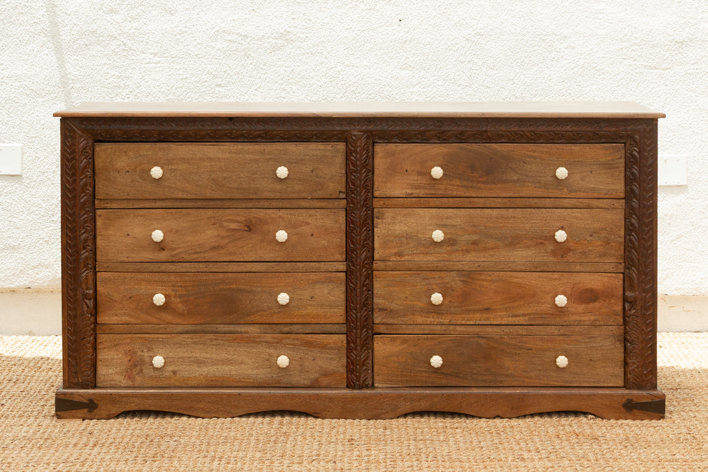 Long Rustic Dresser with Architectural Carving & Floral Knobs