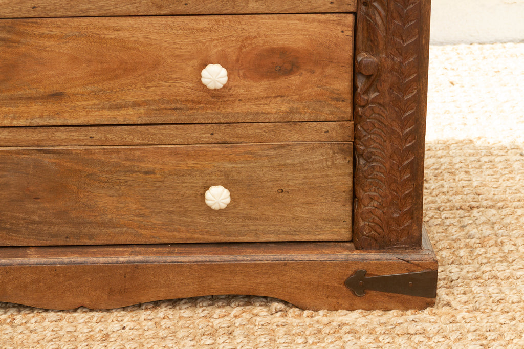 Long Rustic Dresser with Architectural Carving & Floral Knobs