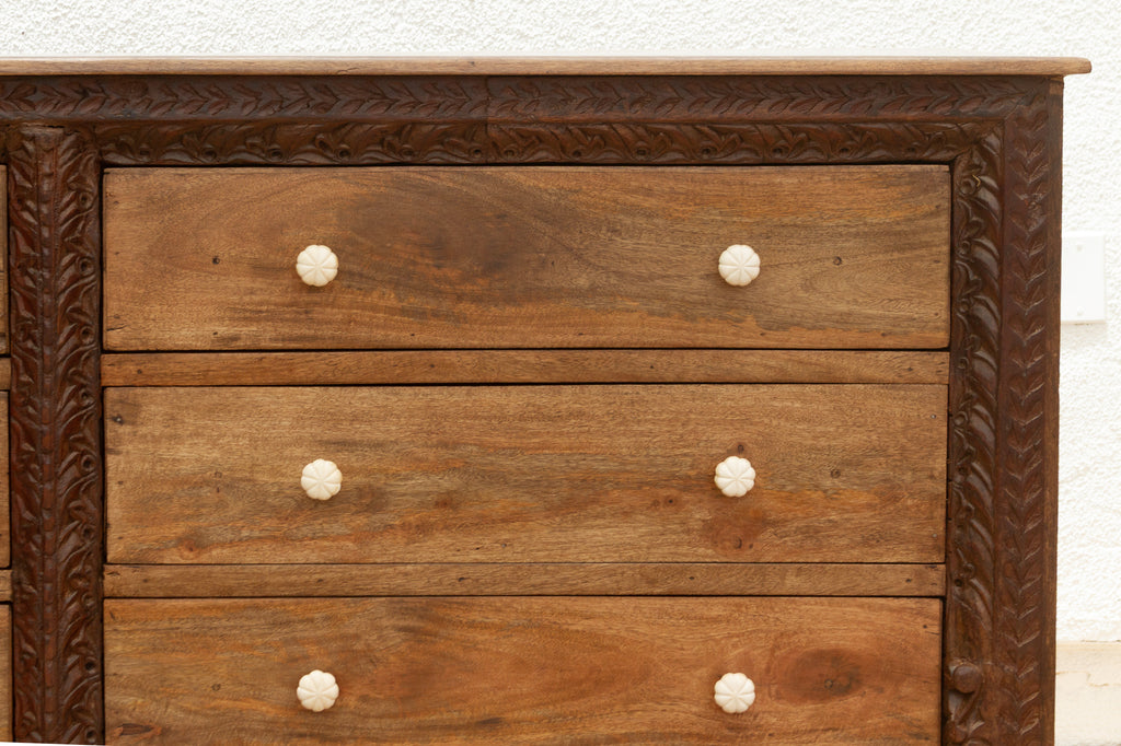 Long Rustic Dresser with Architectural Carving & Floral Knobs