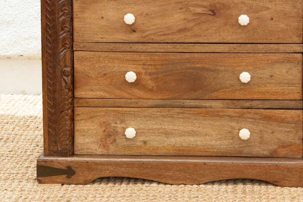 Long Rustic Dresser with Architectural Carving & Floral Knobs