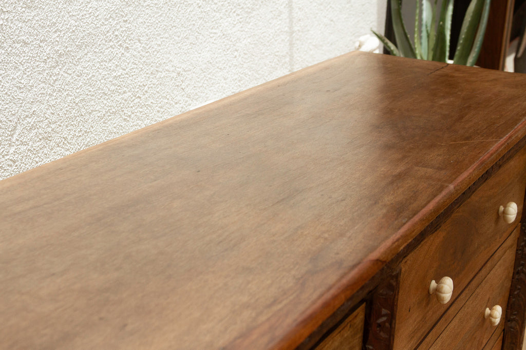 Long Rustic Dresser with Architectural Carving & Floral Knobs