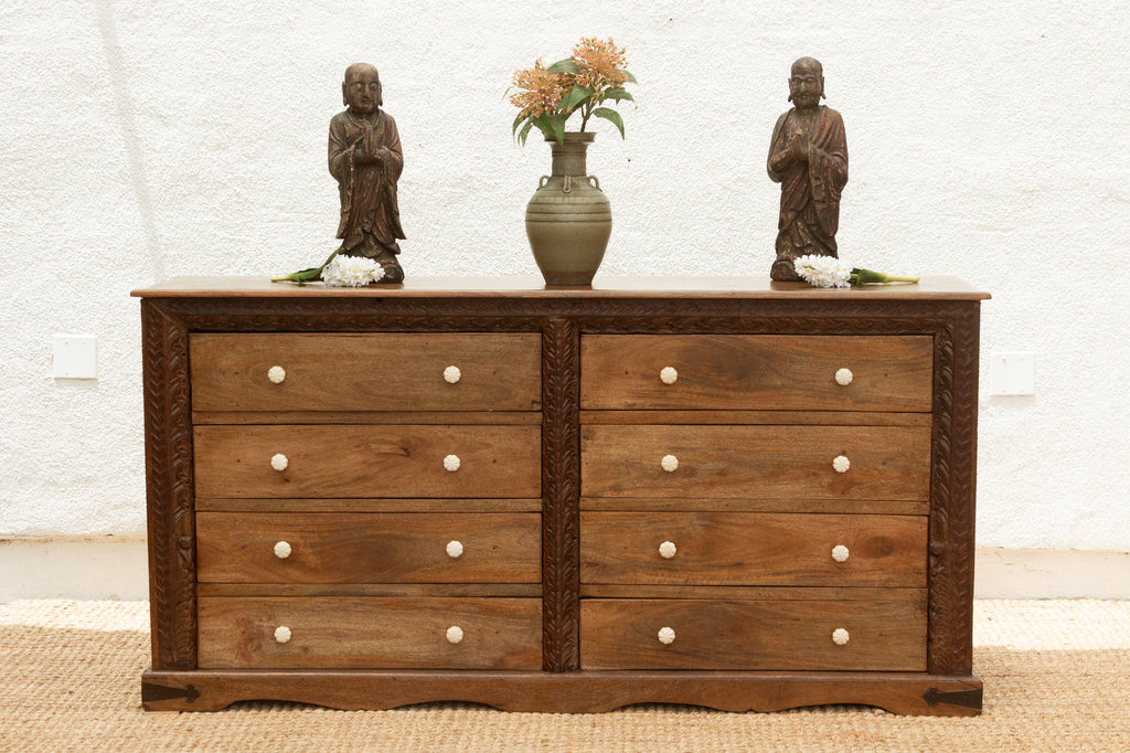 Long Rustic Dresser with Architectural Carving & Floral Knobs