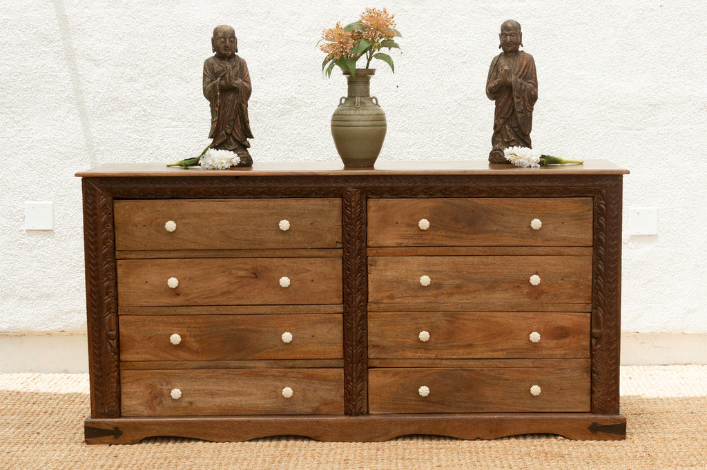 Long Rustic Dresser with Architectural Carving & Floral Knobs