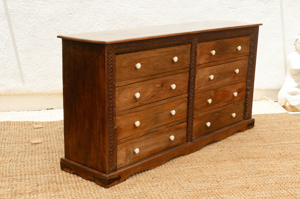 Long Rustic Dresser with Architectural Carving & Floral Knobs