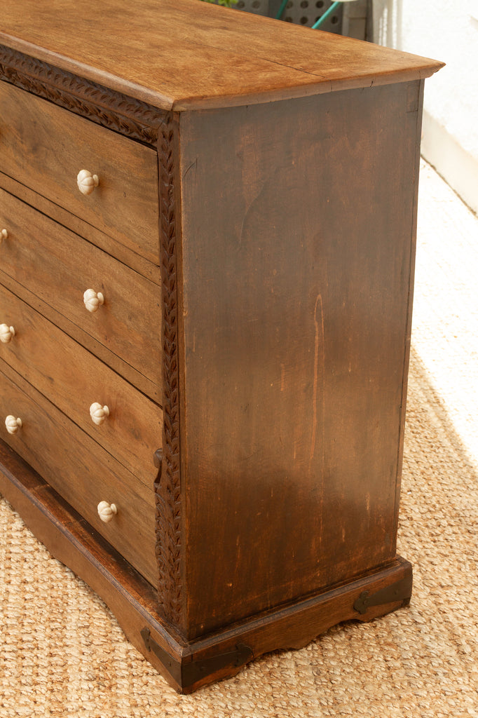 Long Rustic Dresser with Architectural Carving & Floral Knobs