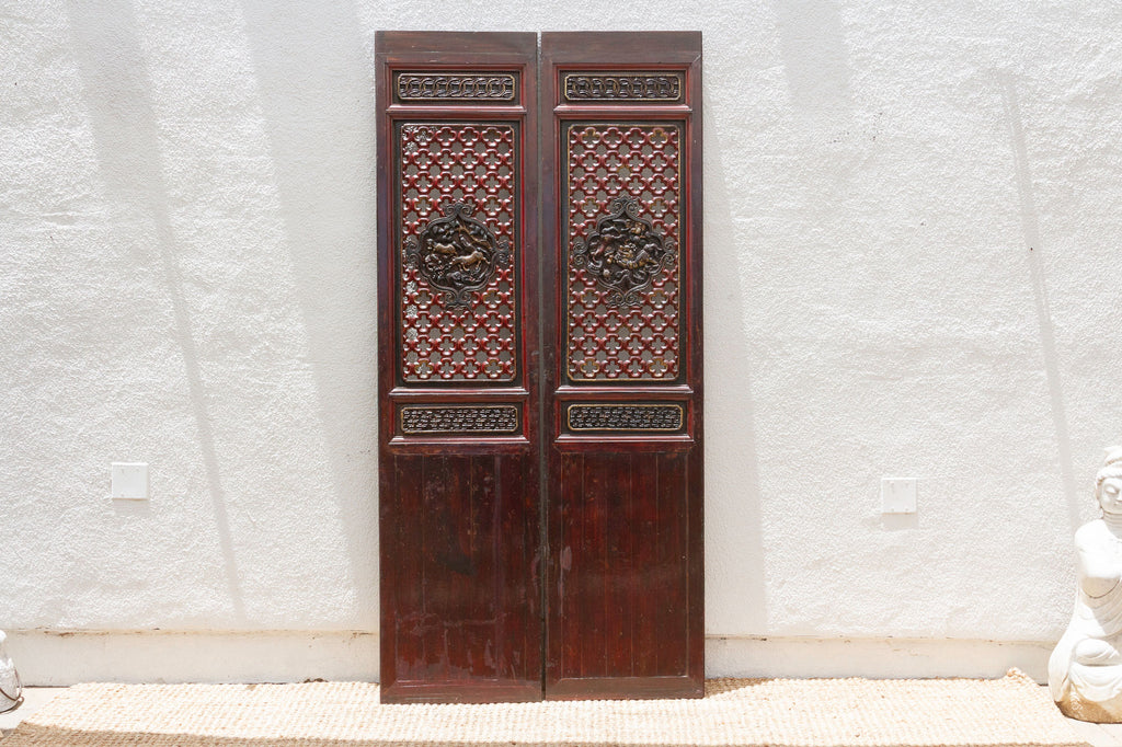 Dragon's Gaze Pair of Early 20th Century Chinese Lattice Door Panels