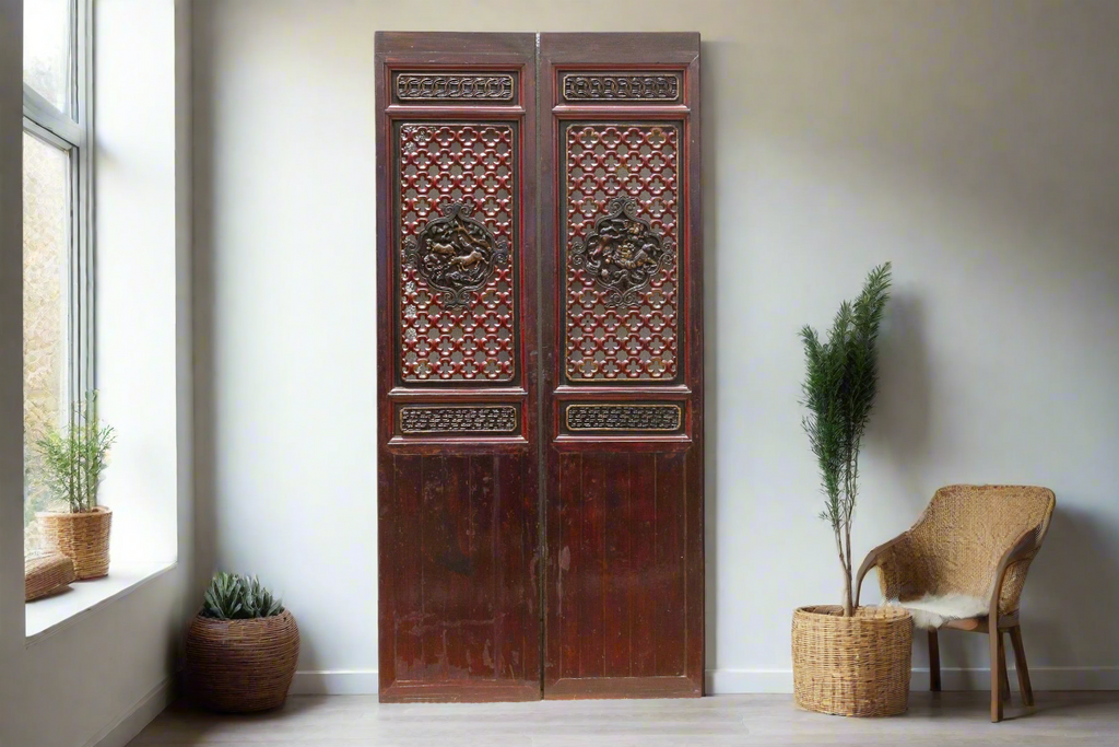 Dragon's Gaze Pair of Early 20th Century Chinese Lattice Door Panels