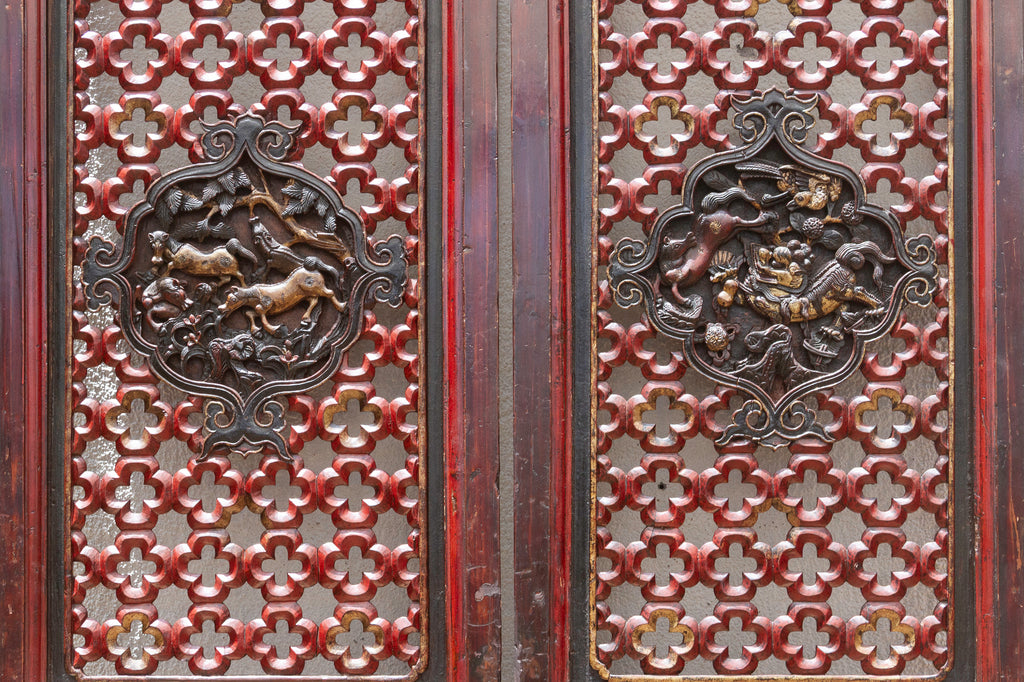 Dragon's Gaze Pair of Early 20th Century Chinese Lattice Door Panels