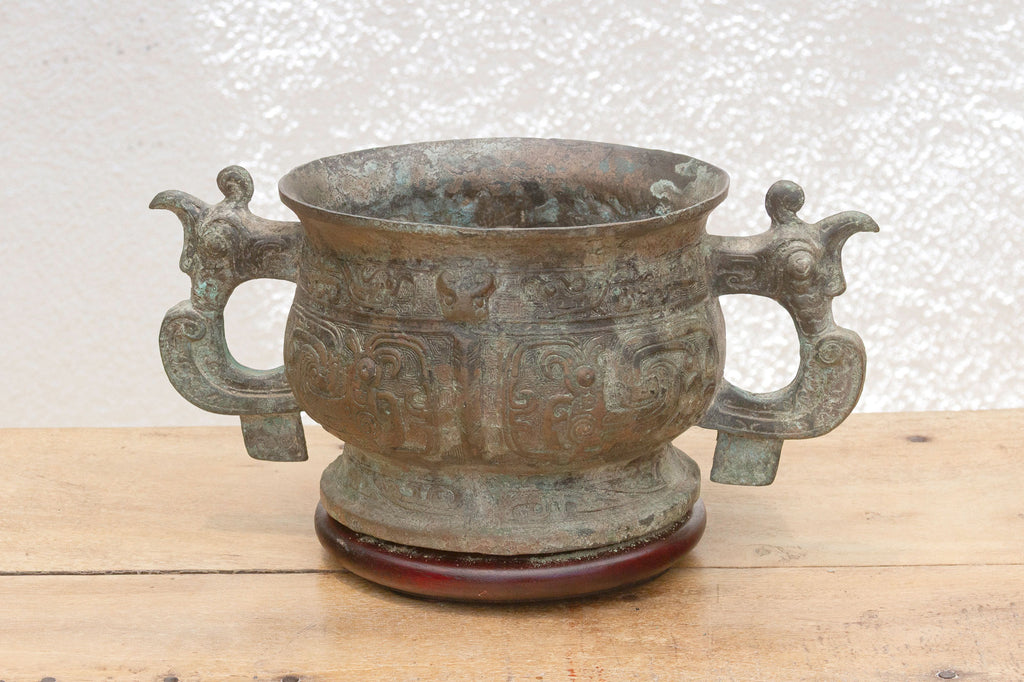 Antique Dragon Bronze Vase w/ Verdigris Patina
