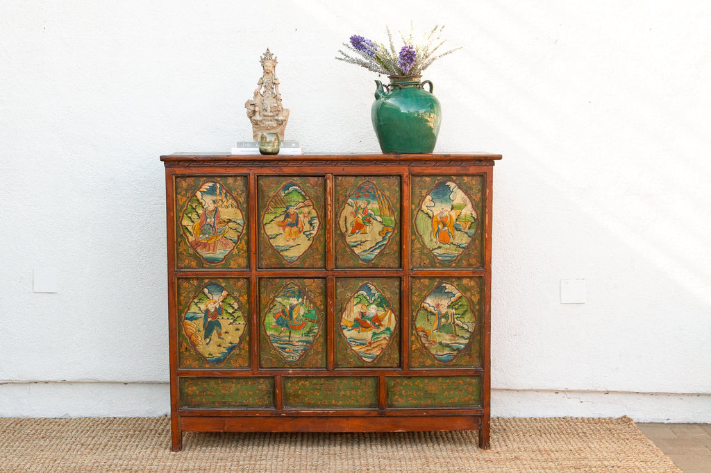 Early 19th Century Tibetan Green & Orange Painted Cabinet
