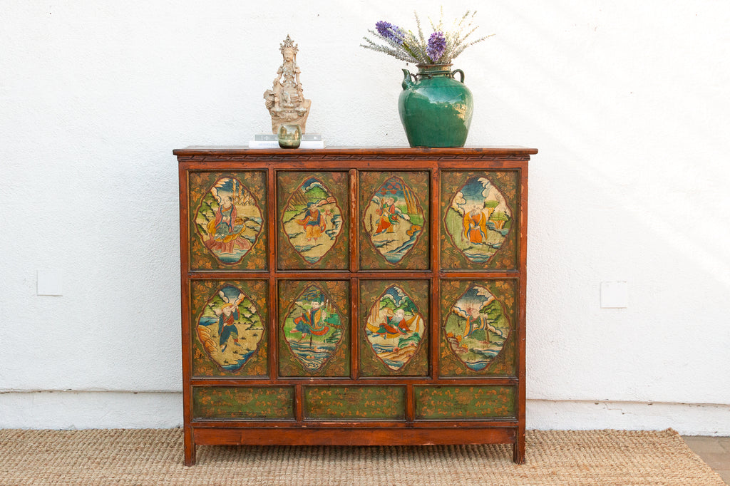 Early 19th Century Tibetan Green & Orange Painted Cabinet