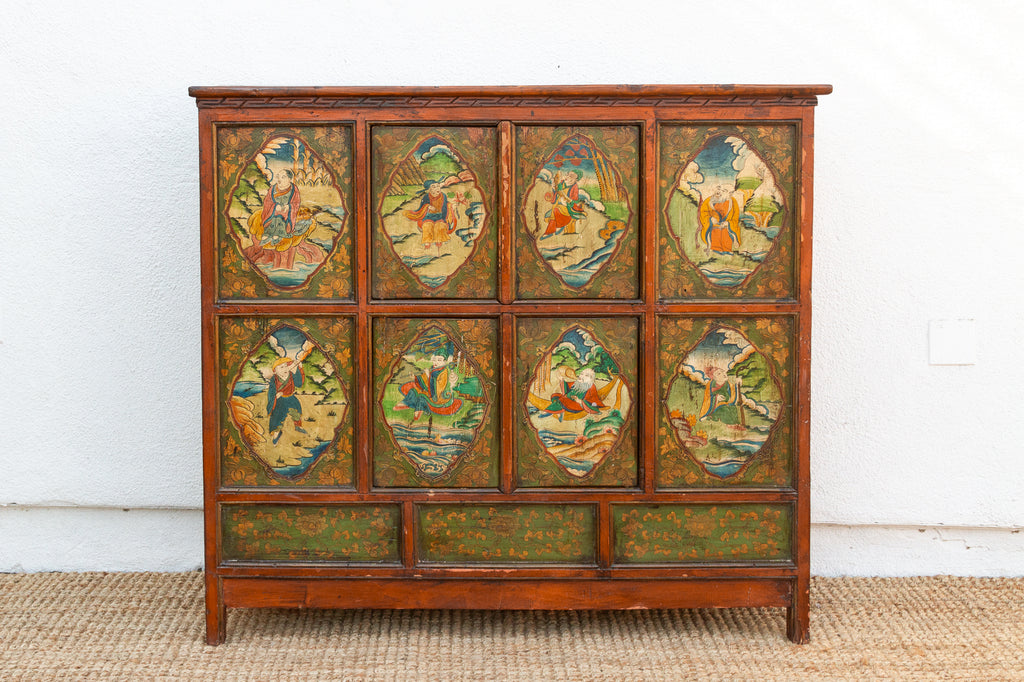 Early 19th Century Tibetan Green & Orange Painted Cabinet