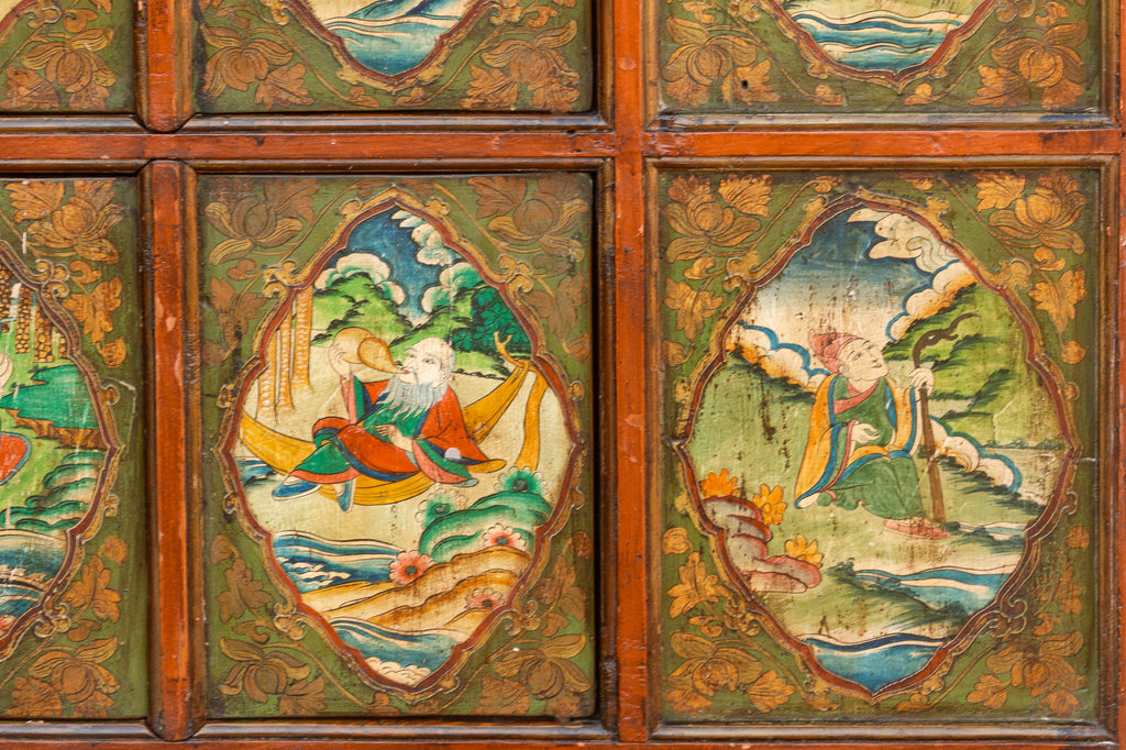 Early 19th Century Tibetan Green & Orange Painted Cabinet