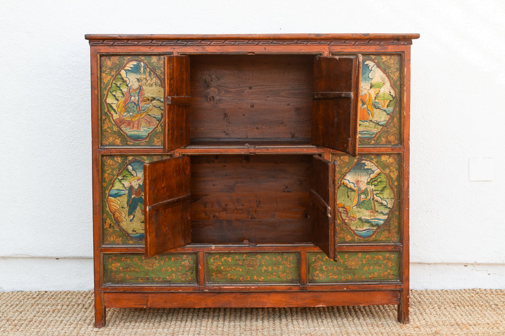 Early 19th Century Tibetan Green & Orange Painted Cabinet