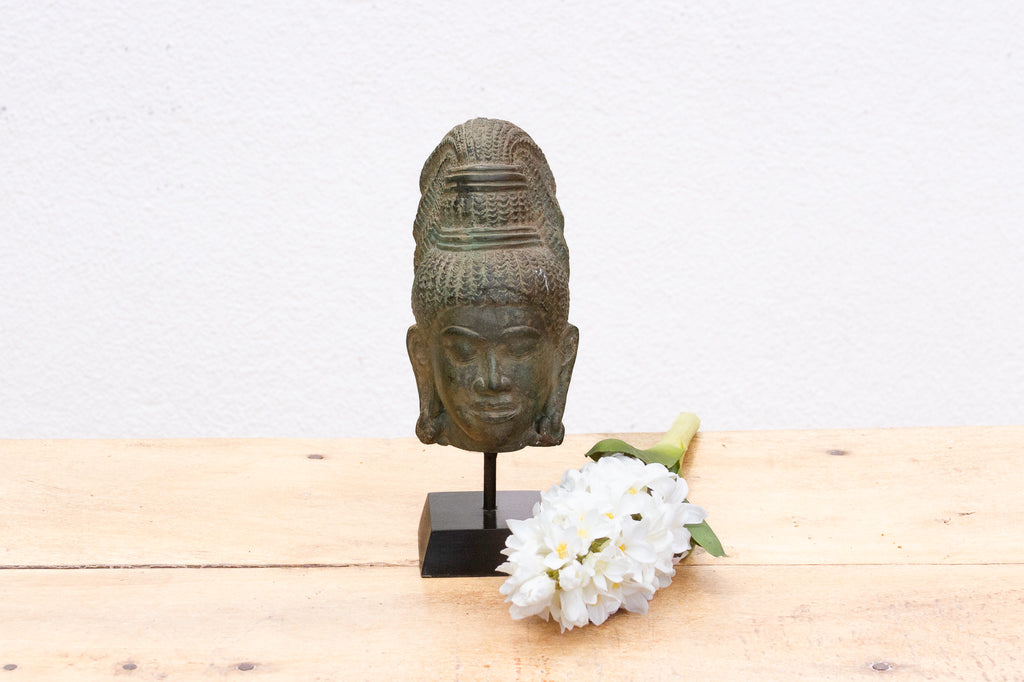 Angkorian Spirit, Antique Khmer Stone Head Sculpture