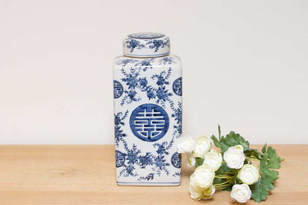 Tall Blue & White Floral Jar